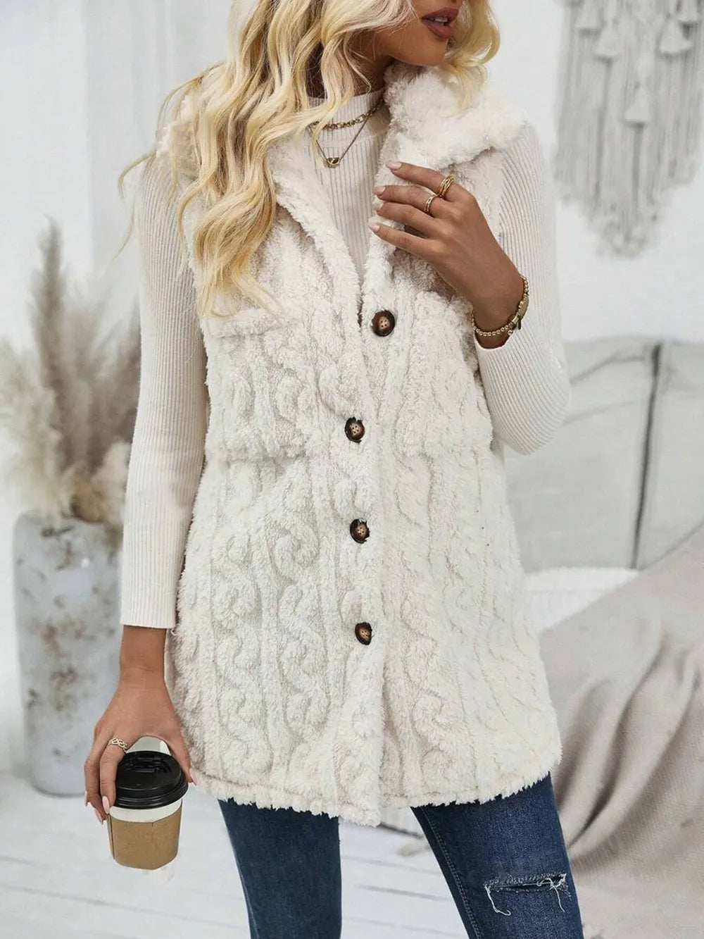 Fuzzy Button Up Vest Coat - LaTezza Online Shop