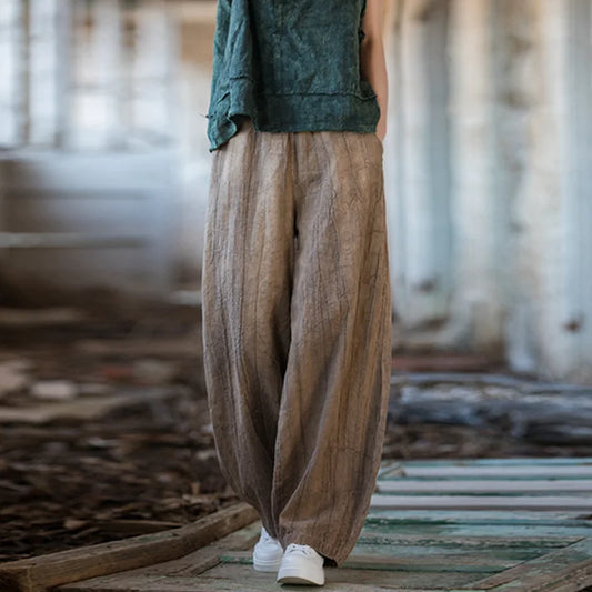 Elegant Women's Cotton Linen Baggy Cargo Pants Vintage Elastic Waist Yoga Trousers Loose Casual Long Wide Leg Oversize Clothes - LaTezza Online Shop