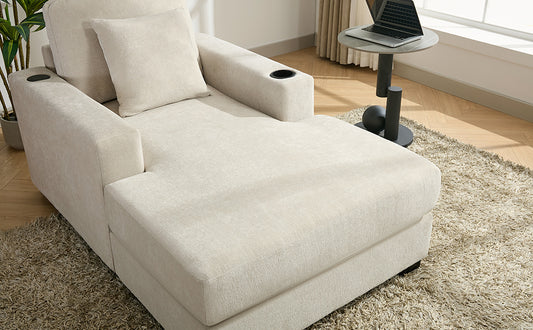 39.7" Oversized Chaise Lounger Modern Style Sofa Couch ,with Pillows, Charge Station & Cup Holders, Chenille Fabric, Cream - LaTezza Online Shop