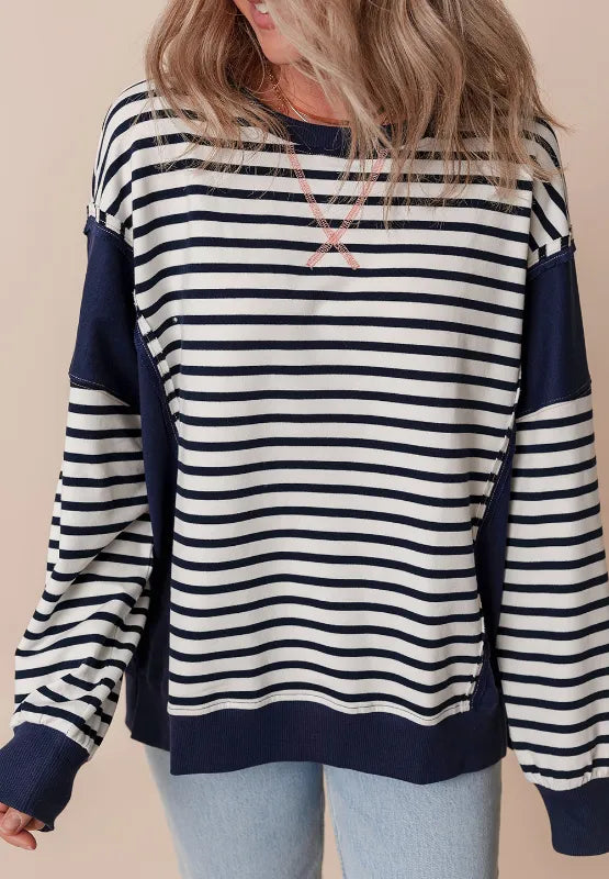 Exposed Seam Striped Long Sleeve Sweatshirt - LaTezza Online Shop