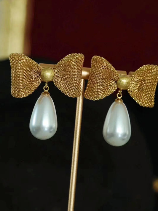 The famous designer's new copper Du true European and American French water drop pearl bow vintage earrings - LaTezza Online Shop