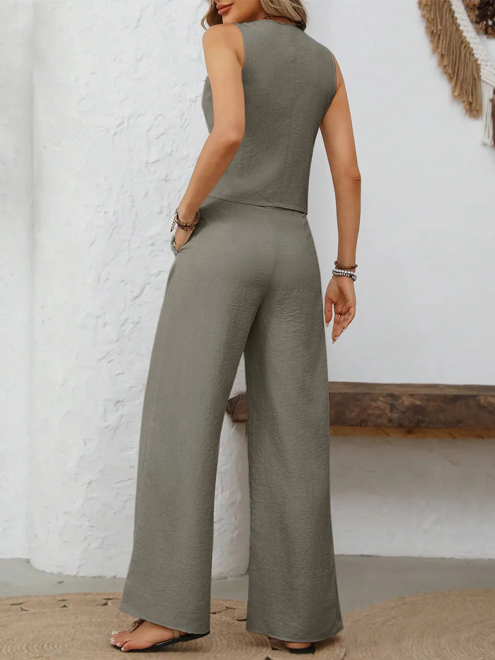 V-Neck Button Down Vest and Wide Leg Pants Set - LaTezza Online Shop