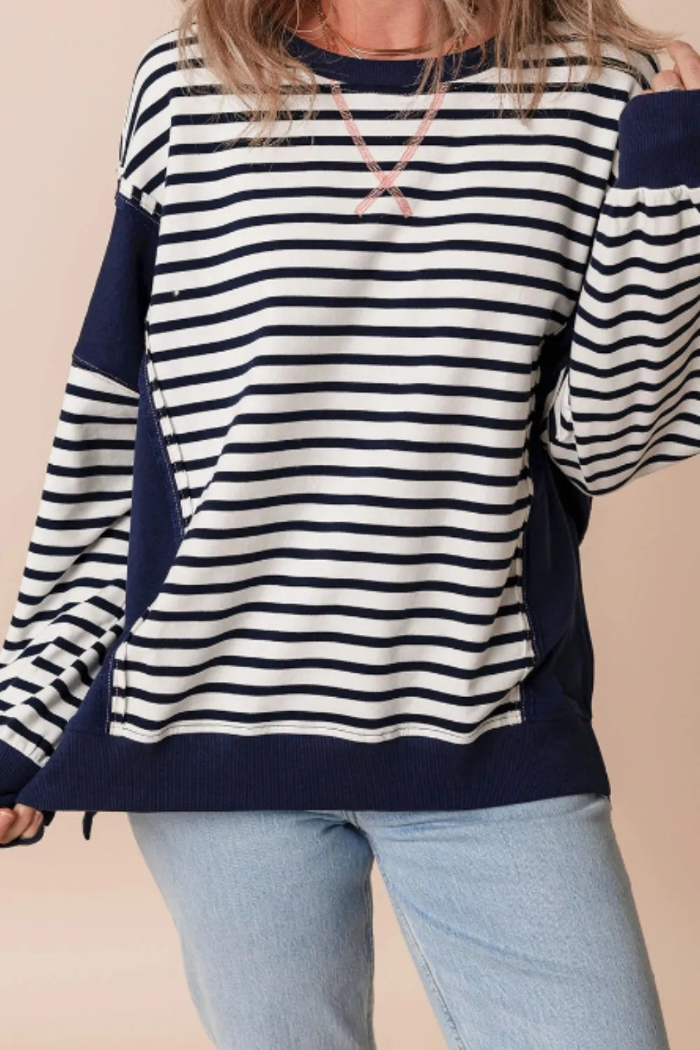 Exposed Seam Striped Long Sleeve Sweatshirt - LaTezza Online Shop