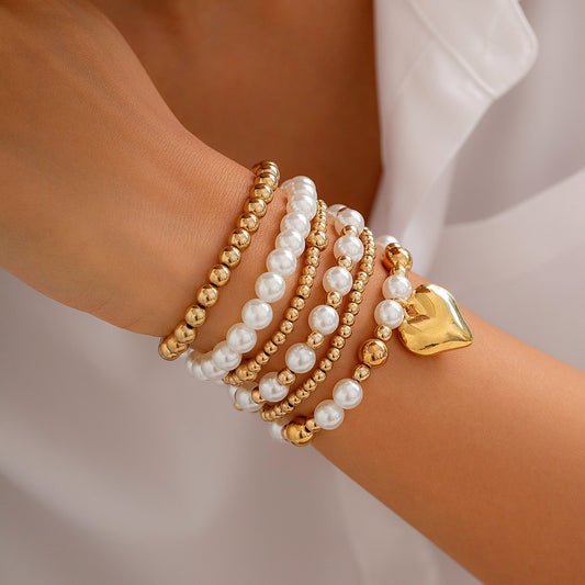 Faux Pearl bead bracelet  set with heart-shaped hollow charm Silver Tone bead bracelet set with key charm - LaTezza Online Shop