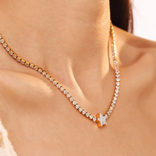 Zircon inlaid titanium steel tennis necklace star shaped pendant - LaTezza Online Shop