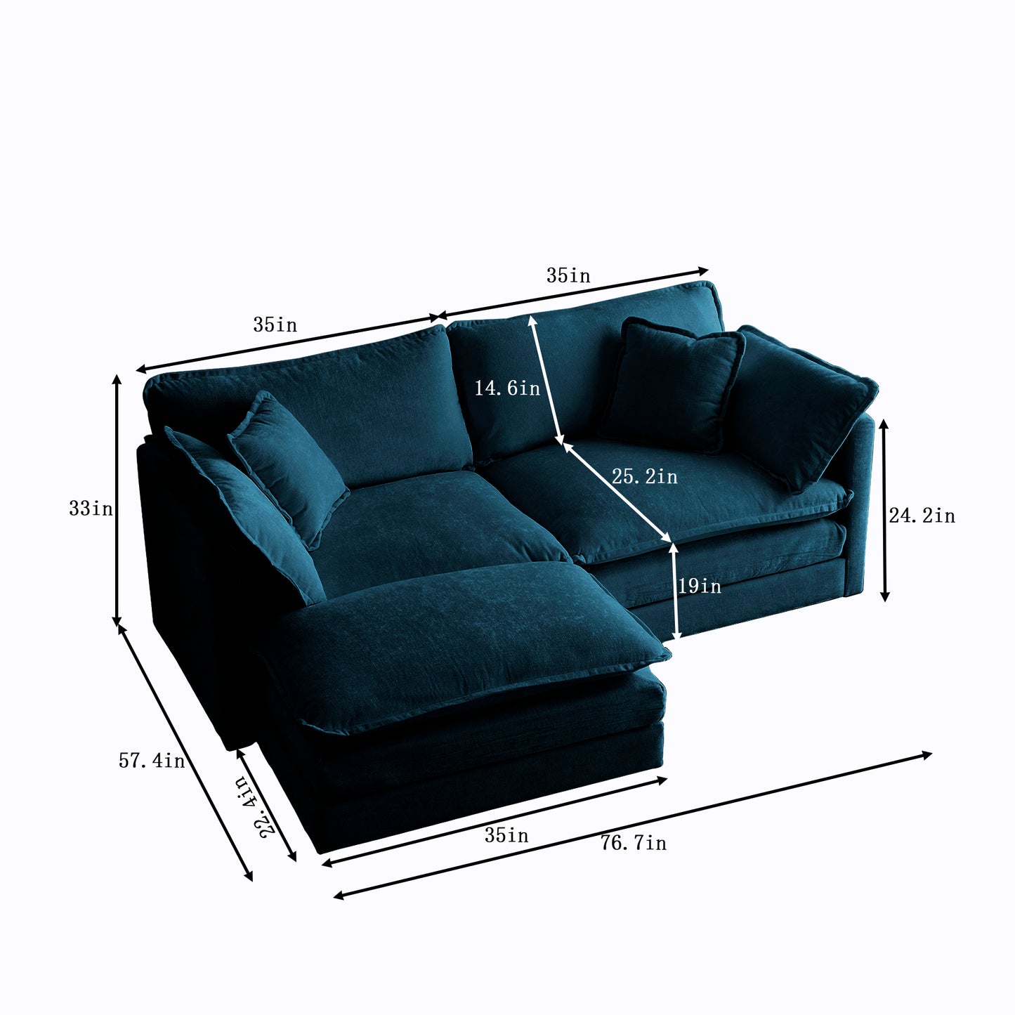 Chenille double sofa with 1 foot pedal, 2 seats L-shaped section, Ottoman style blue Chenille - LaTezza Online Shop