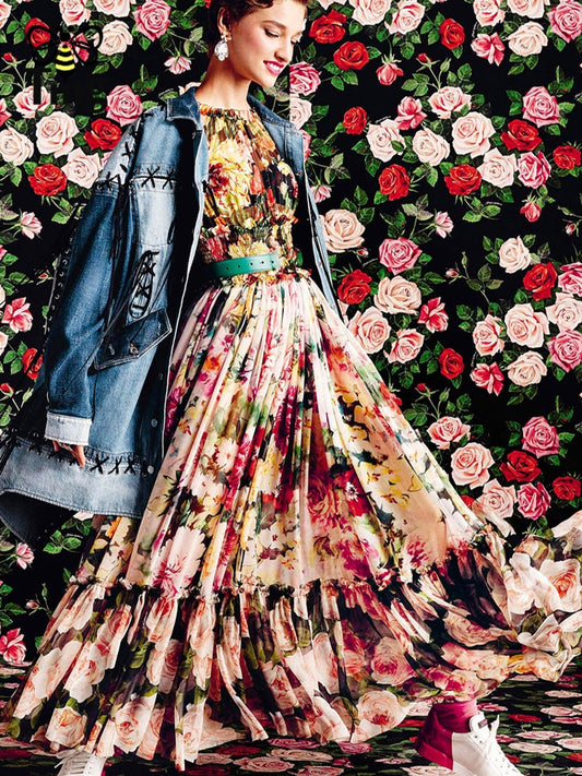 Summer Haut Plus Size Maxi Dress Women Elastic Waist Tiered Layers Hem Rose Floral Print Vintage Elegant Long Dress - LaTezza Online Shop