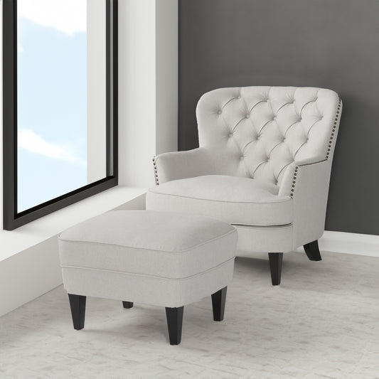 Arm Chair with Ottoman Modern light grey tufted fabric club chair and Ottoman set, stylish cushioned armchair - LaTezza Online Shop