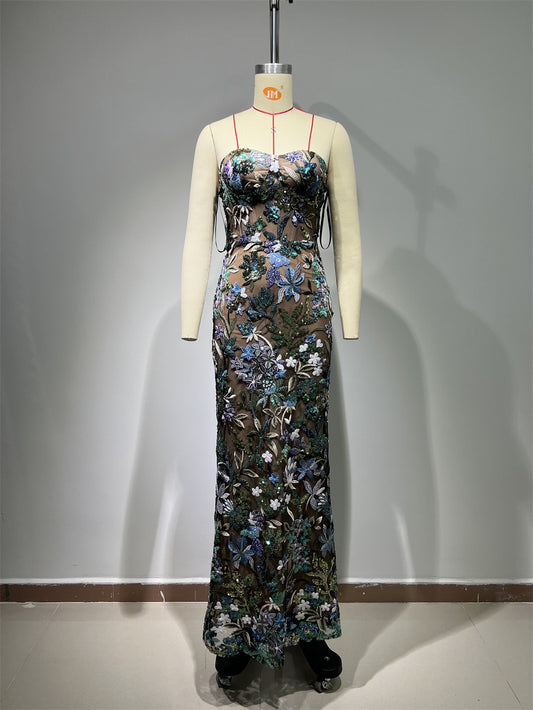 Fashionable blue sexy tube top slim fit embroidered tight sleeveless long hip-hugging dress - LaTezza Online Shop