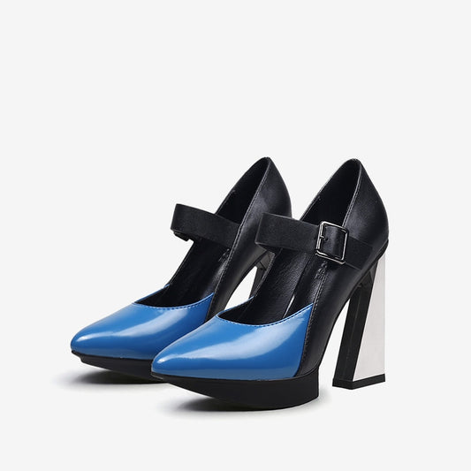 Pumps Platform Women Shallow Shoes Pointed Toe Blue Mixed Black Leather High Heels Chic Mary Jeans Strap Party Stilettos - LaTezza Online Shop