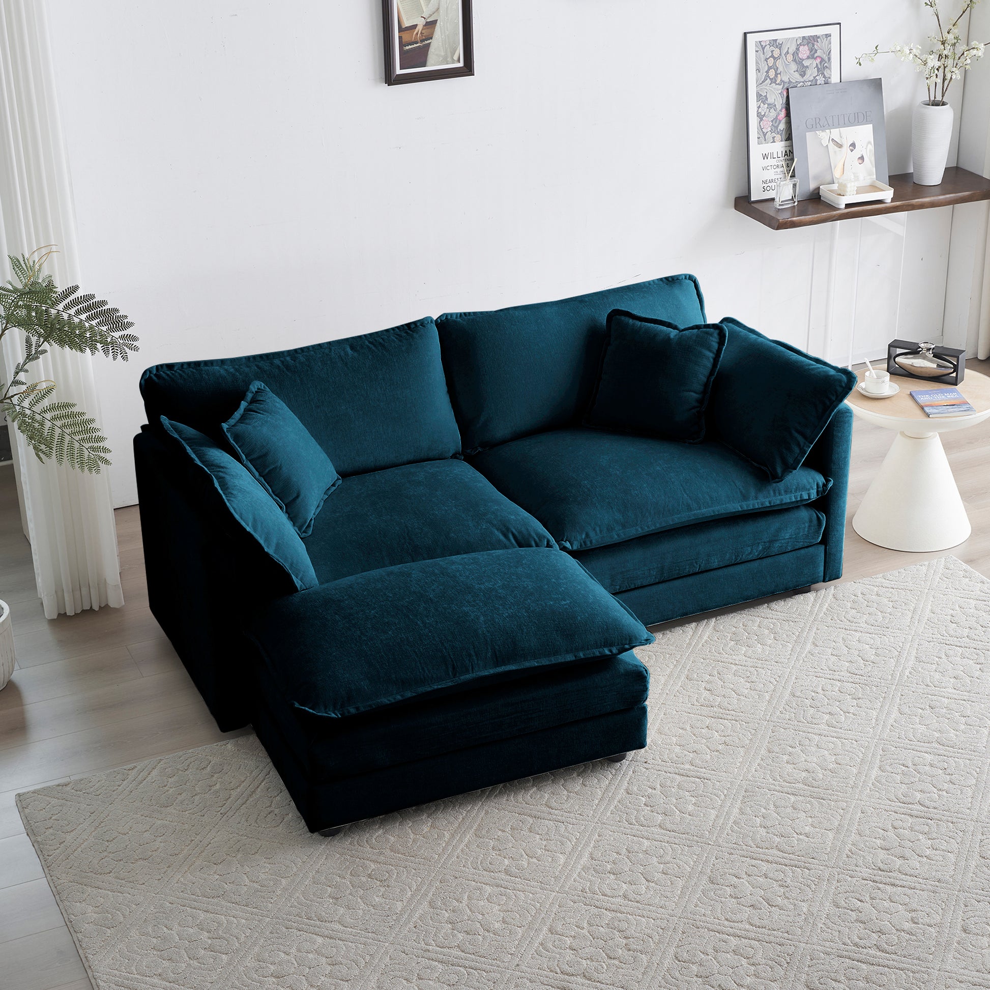 Chenille double sofa with 1 foot pedal, 2 seats L-shaped section, Ottoman style blue Chenille - LaTezza Online Shop