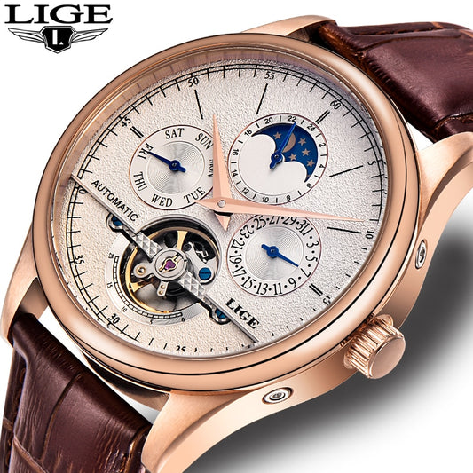 LIGE Brand Men's Watches Automatic Mechanical Tourbillon Leather Band