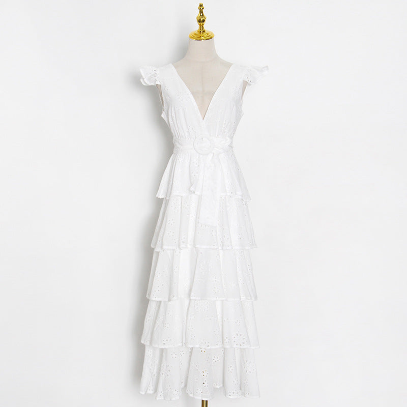 Simple Design Solid Color Cake Skirt Summer New Sexy V-Neck Hook Flower Hollow Stitching Dress - LaTezza Online Shop