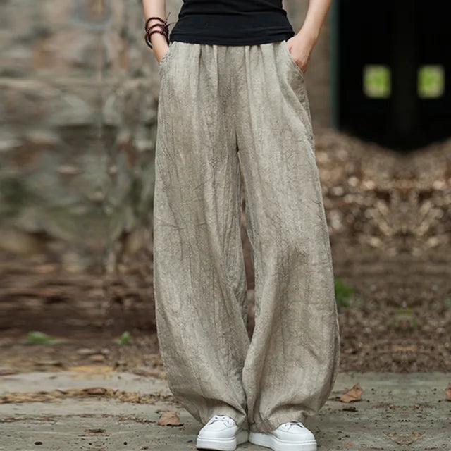 Elegant Women's Cotton Linen Baggy Cargo Pants Vintage Elastic Waist Yoga Trousers Loose Casual Long Wide Leg Oversize Clothes - LaTezza Online Shop