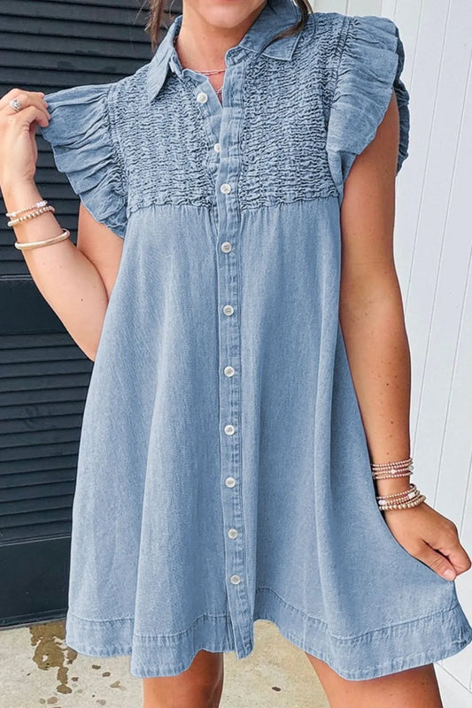 Smocked Collared Neck Cap Sleeve Denim Dress - LaTezza Online Shop