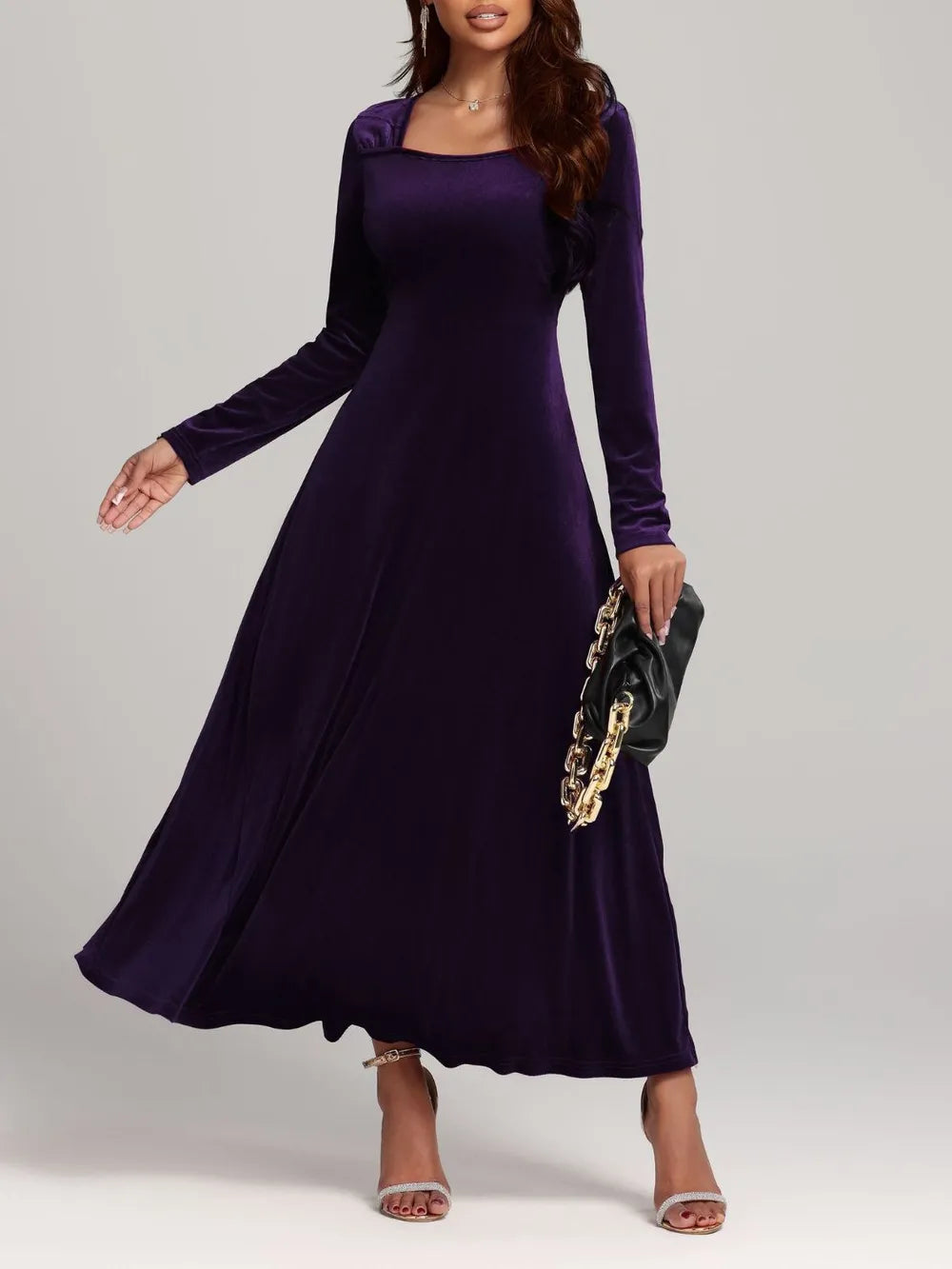 Square Neck Long Sleeve Velvet Dress - LaTezza Online Shop