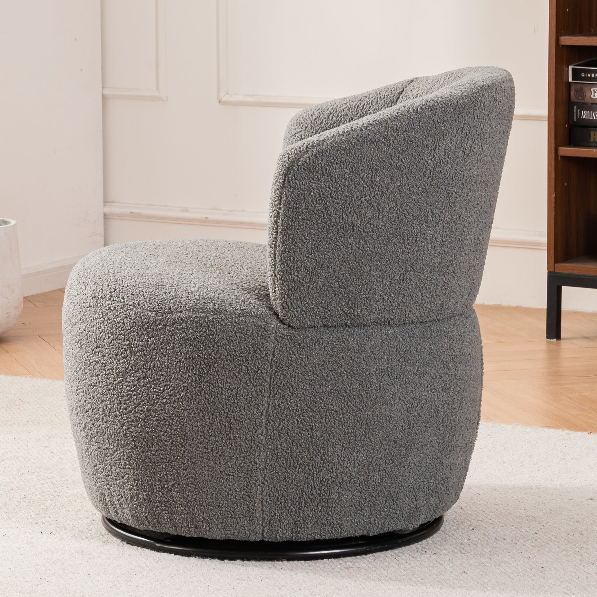 Grey Plush Swivel Accent Chair - Contemporary Round Armchair with 360° Rotation and Metal Base for Living Room Elegance - LaTezza Online Shop