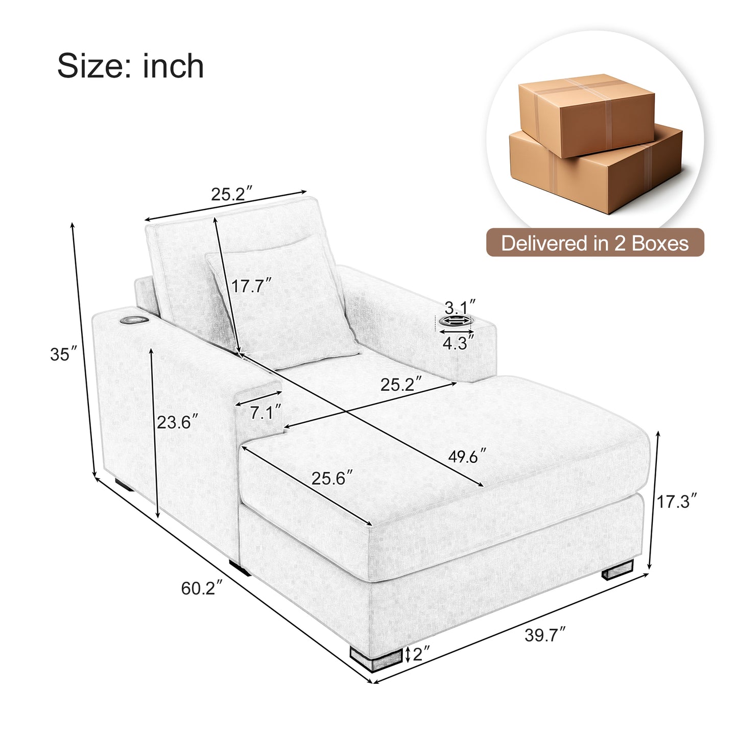 39.7" Oversized Chaise Lounger Modern Style Sofa Couch ,with Pillows, Charge Station & Cup Holders, Chenille Fabric, Cream - LaTezza Online Shop