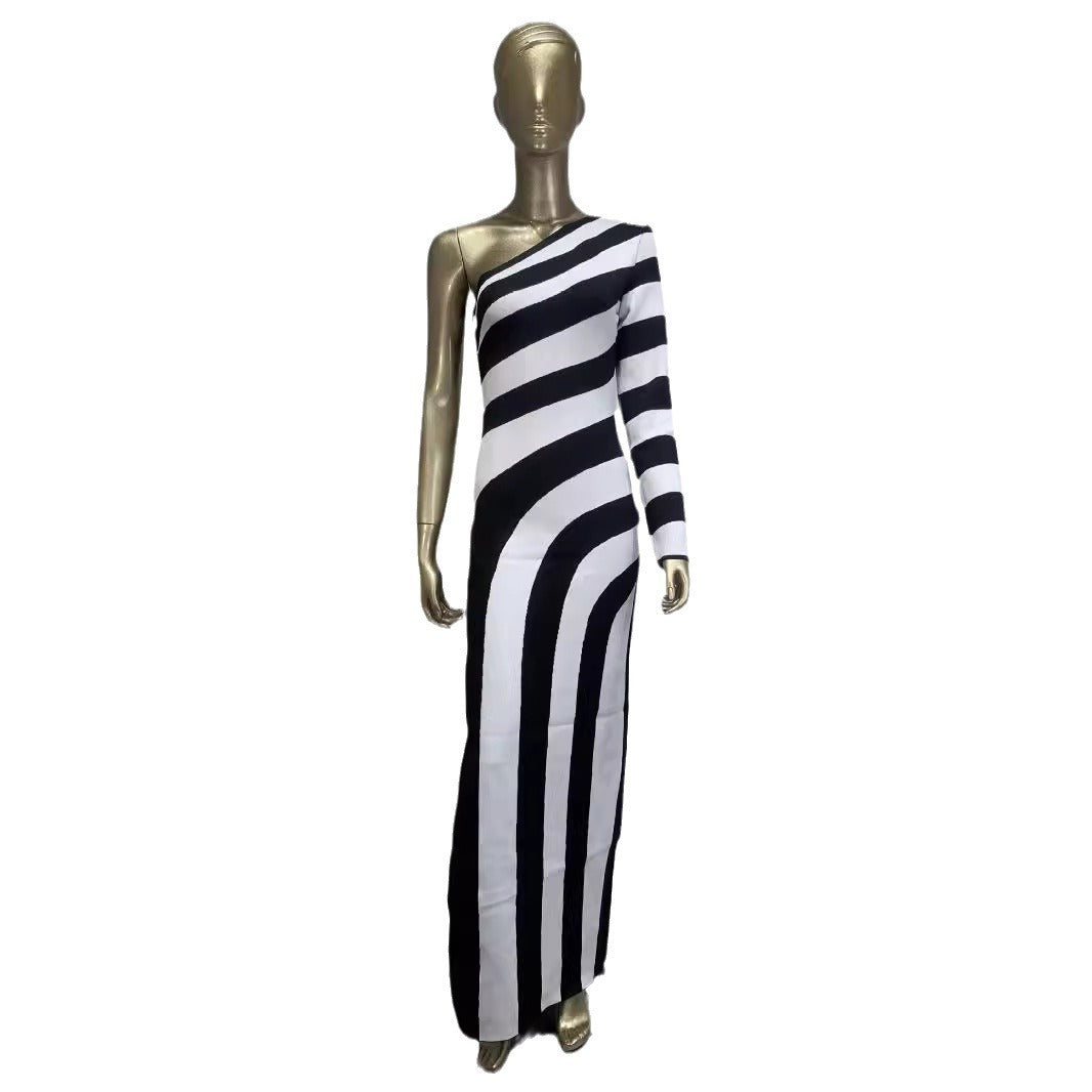 Zebra print single shoulder long sleeved open leg bandage dress banquet party dress - LaTezza Online Shop