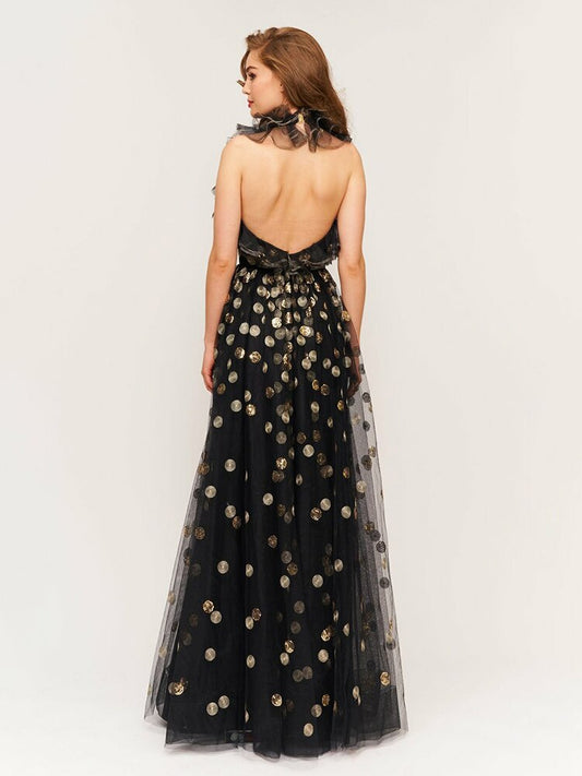 Backless Black Evening Dress Women Neck Sleeveless Ruffles Sequins Dress Summer New Trendy - LaTezza Online Shop