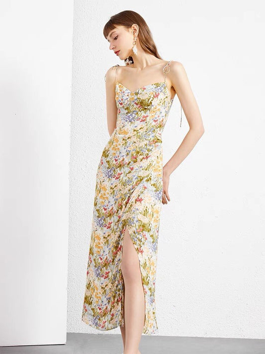 French Sexy Holiday Style Dress Summer Shrouded Belly Slim Slit Sling Dress Women's High Waist - LaTezza Online Shop