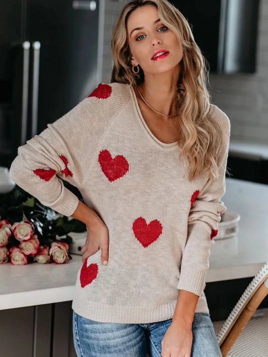 Heart Scoop Neck Long Sleeve Sweater - LaTezza Online Shop