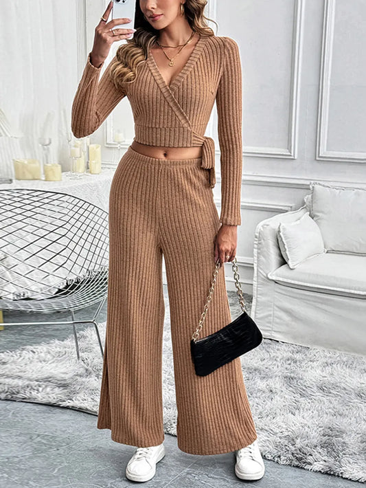 Perfee Surplice Long Sleeve Top and Pants Set - LaTezza Online Shop