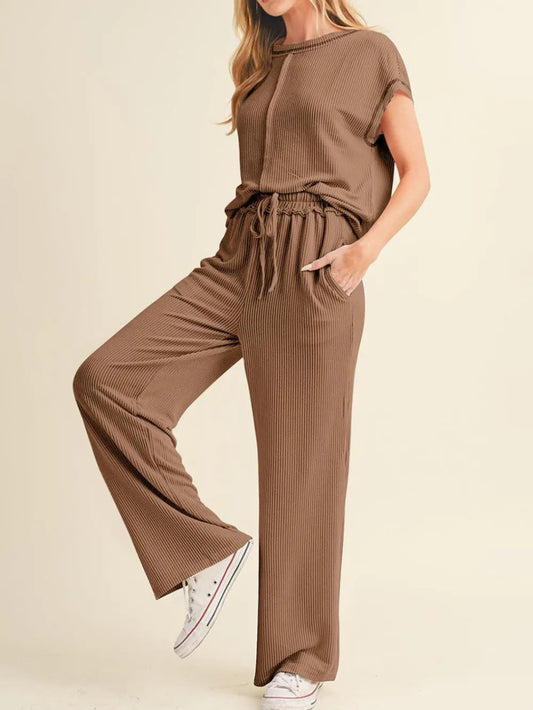 Ribbed Exposed Seam Top and Pants Set - LaTezza Online Shop