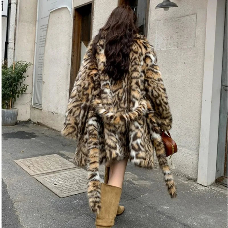 High quality Winter Animal Leopard Faux Fur Extra Long Coat Full Sleeve Loose War Jacket Loose Outerwear - LaTezza Online Shop