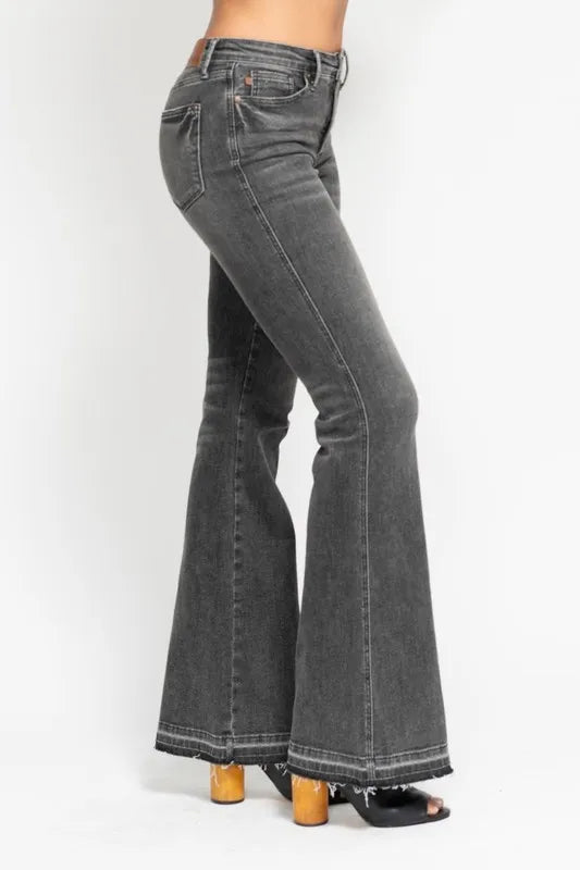 Judy Blue Full Size Mid Rise Tummy Control Washed Gray Release Hem Flare Jeans Plus Size - LaTezza Online Shop