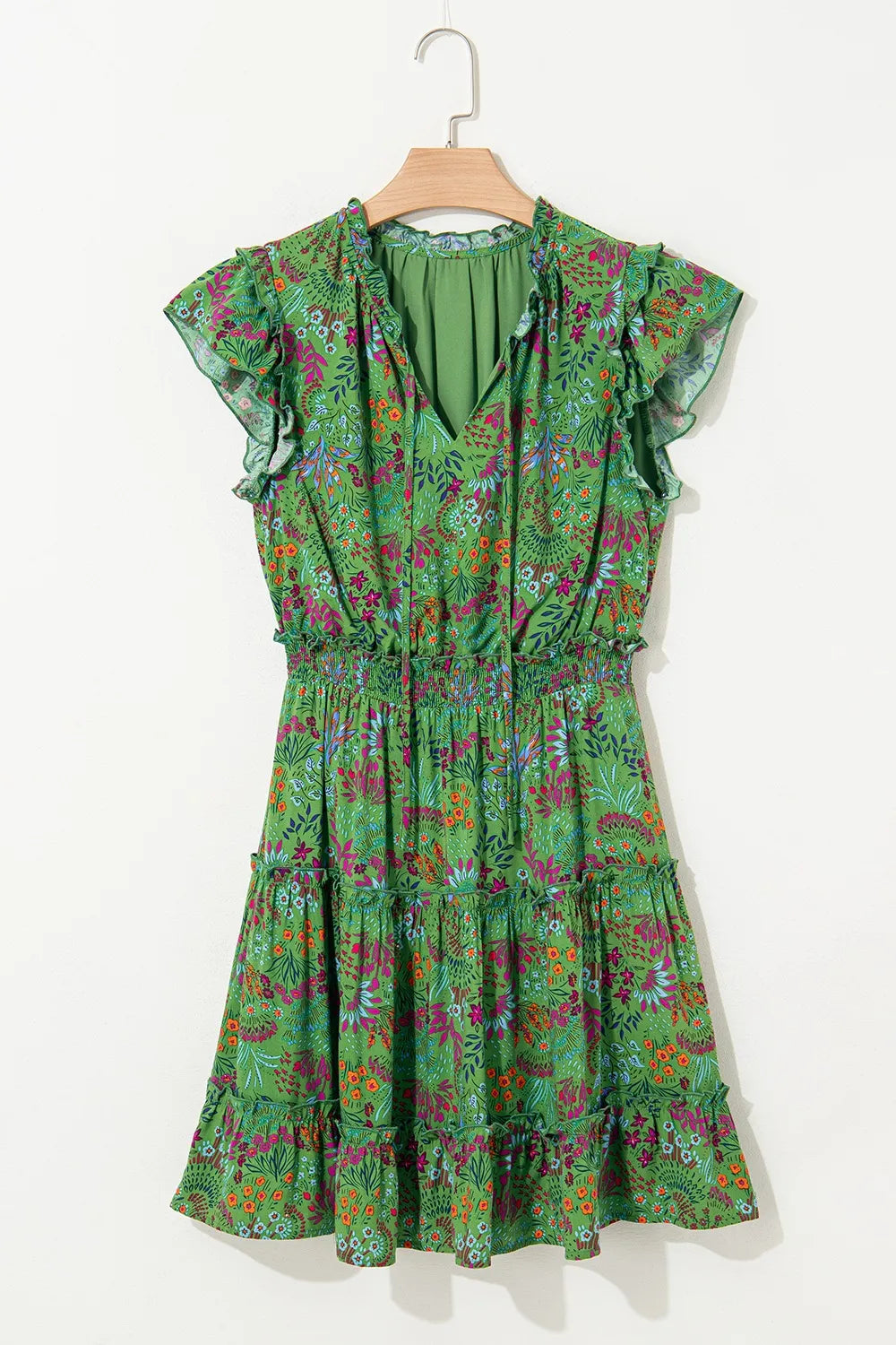 Short Dress Floral Tie Split Neck Frilly Ruffle Trim Tiered - LaTezza Online Shop