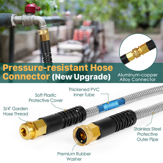 Metal Garden Hose Stainless Steel Flexible With 10 Adjustable Patterns Spray Heavy Duty 2 Nozzles