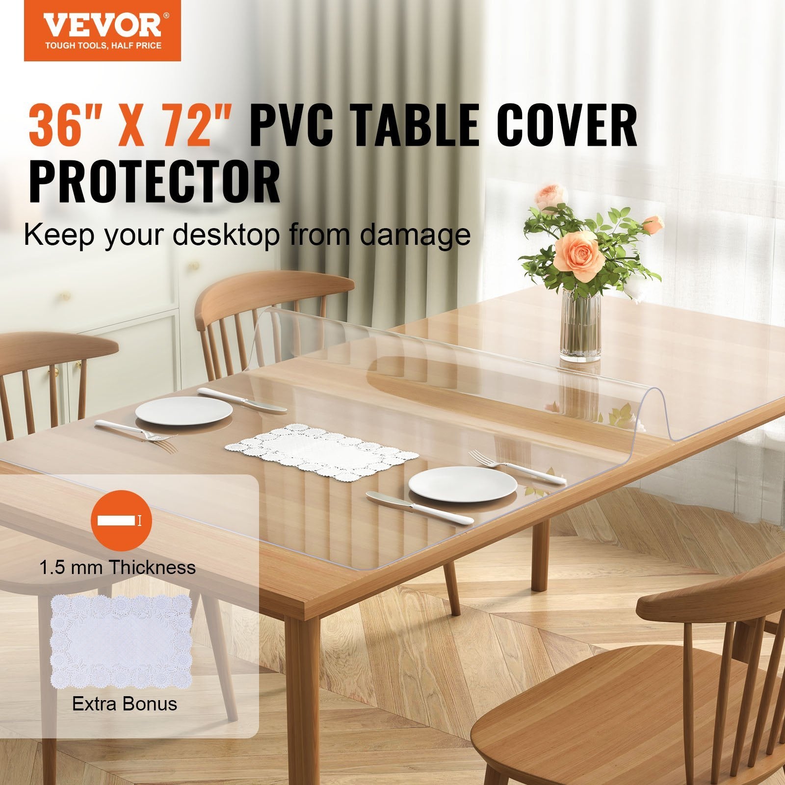 VEVOR Clear Table Cover Protector, Table Cover, 1.5 Mm Thick PVC Plastic Tablecloth, Waterproof Desktop Protector For Writing Desk, Coffee Table, Dining Room Table - LaTezza Online Shop