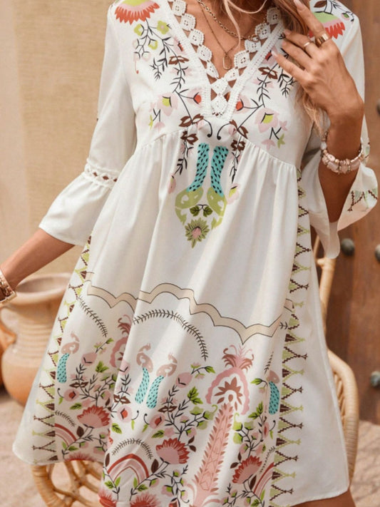 Summer Dress Lace Detail Printed Three-Quarter Sleeve Dress - LaTezza Online Shop