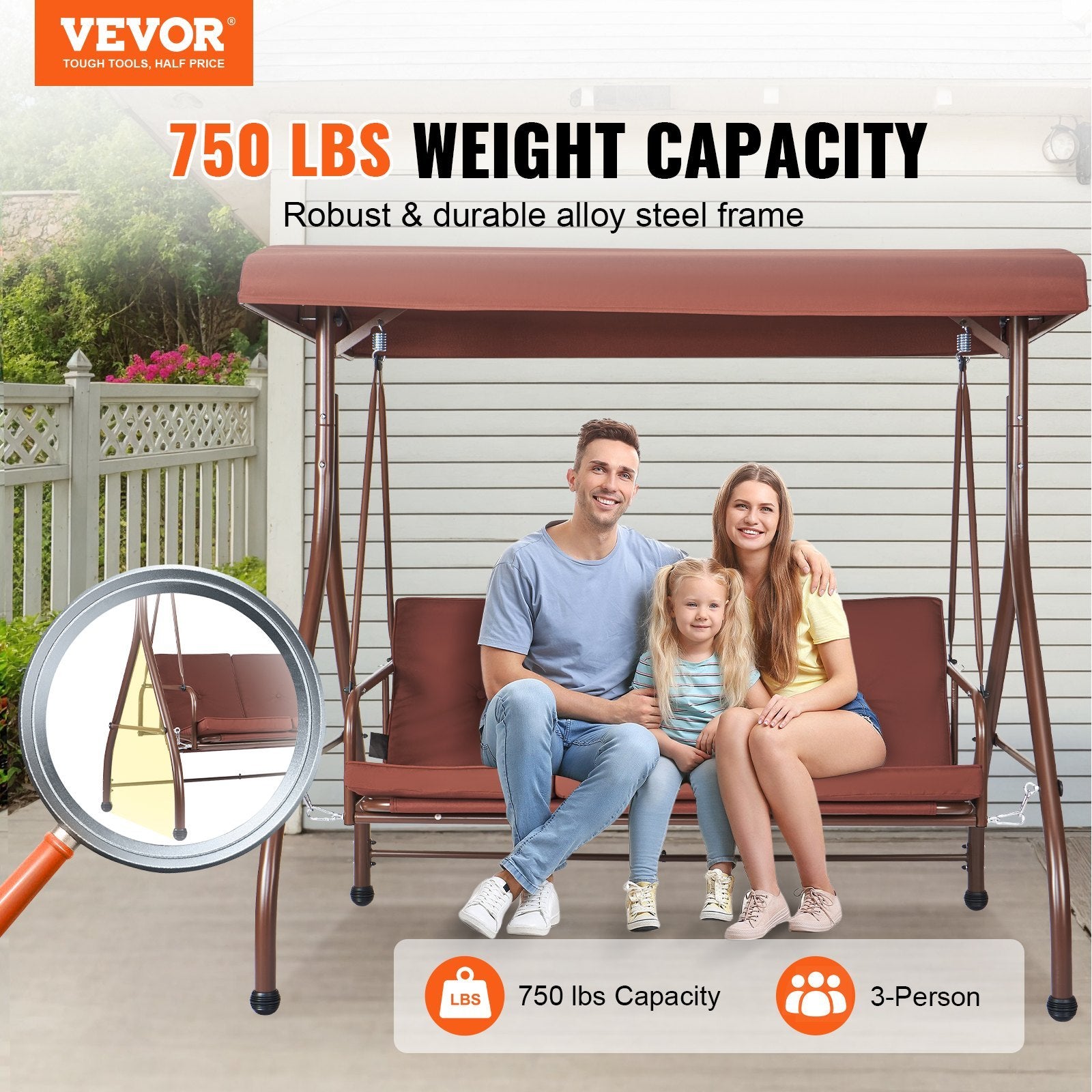 VEVOR 3-Seat Patio Swing Chair, Converting Canopy Swing, Outdoor Patio Porch With Adjustable Canopy, Removable Thick Cushion And Alloy Steel Frame, For Balcony, Backyard, Poolside, Brown - LaTezza Online Shop