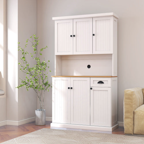 Kitchen Storage Cabinet With Microwave Countertop, Freestanding Cabinet With Adjustable Shelves, 6 Doors And 1 Drawer - White - LaTezza Online Shop