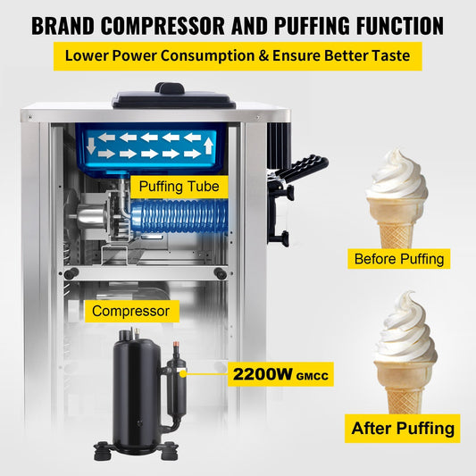 VEVOR Commercial Ice Cream Machine 5.3 To 7.4Gal Per Hour Soft Serve With LED Display Auto Clean 3 Flavor 2200W Sliver - LaTezza Online Shop