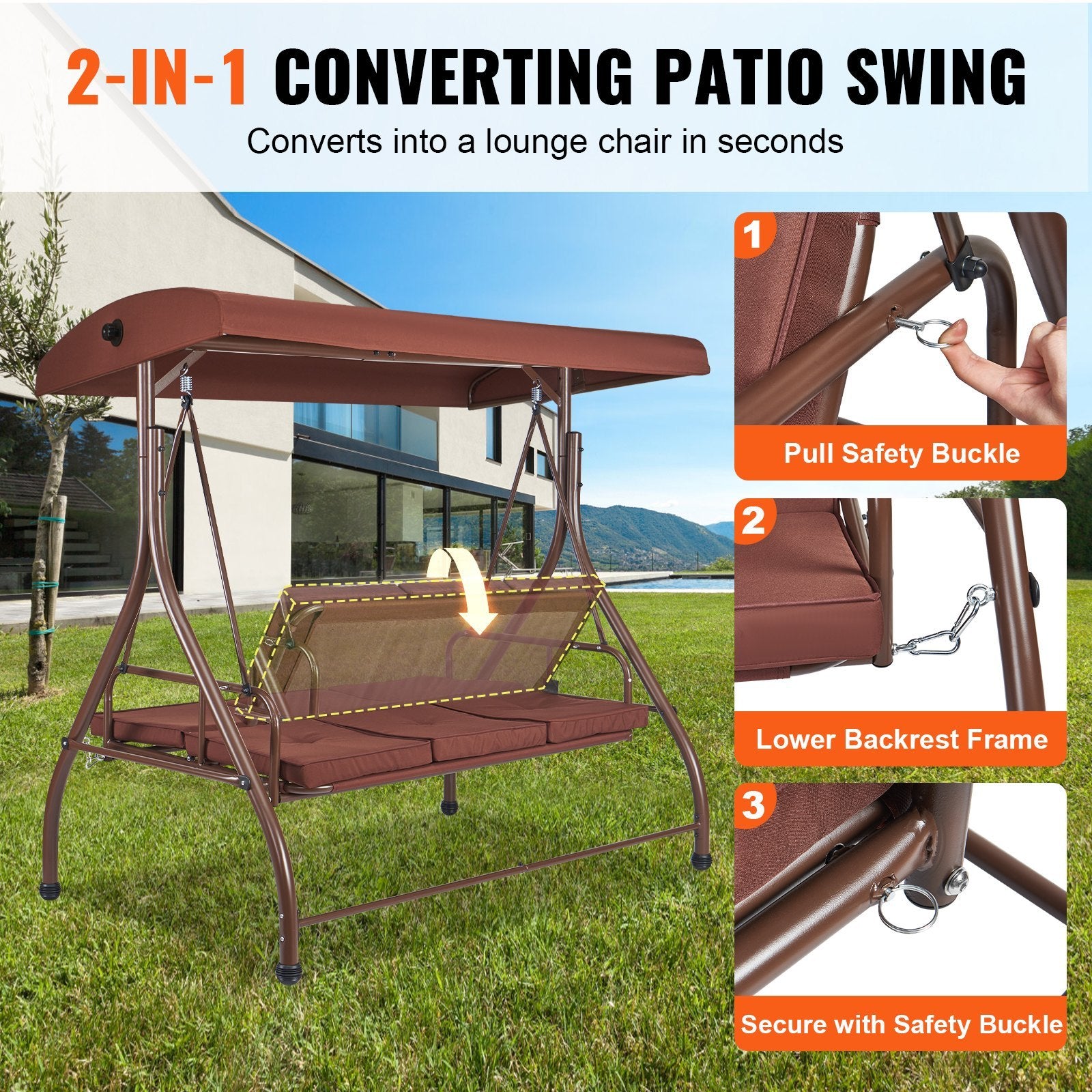 VEVOR 3-Seat Patio Swing Chair, Converting Canopy Swing, Outdoor Patio Porch With Adjustable Canopy, Removable Thick Cushion And Alloy Steel Frame, For Balcony, Backyard, Poolside, Brown - LaTezza Online Shop