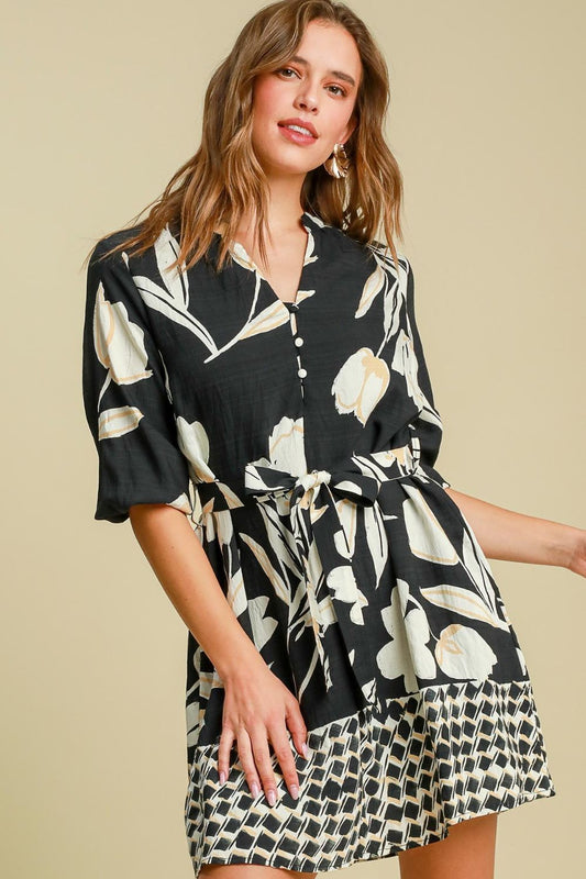 Mini Dress Full Size Floral Print Notched Tie Waist Plus Size - LaTezza Online Shop