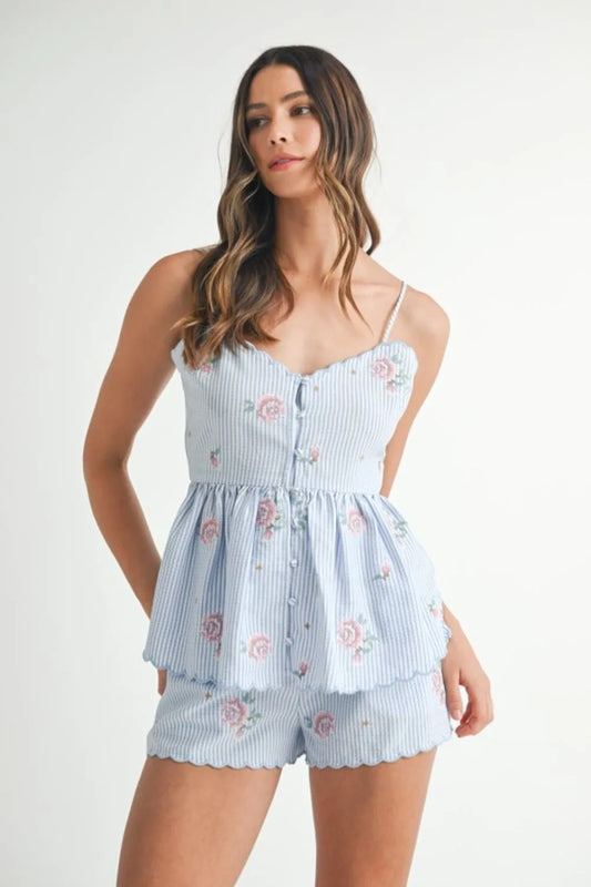 MABLE Stripe Embroidered Peplum Cami and Shorts Set - LaTezza Online Shop