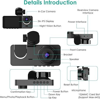 3 Channel Dash Cam, 1080P Dash Cam Front And Rear Inside, Three Way Dash Camera