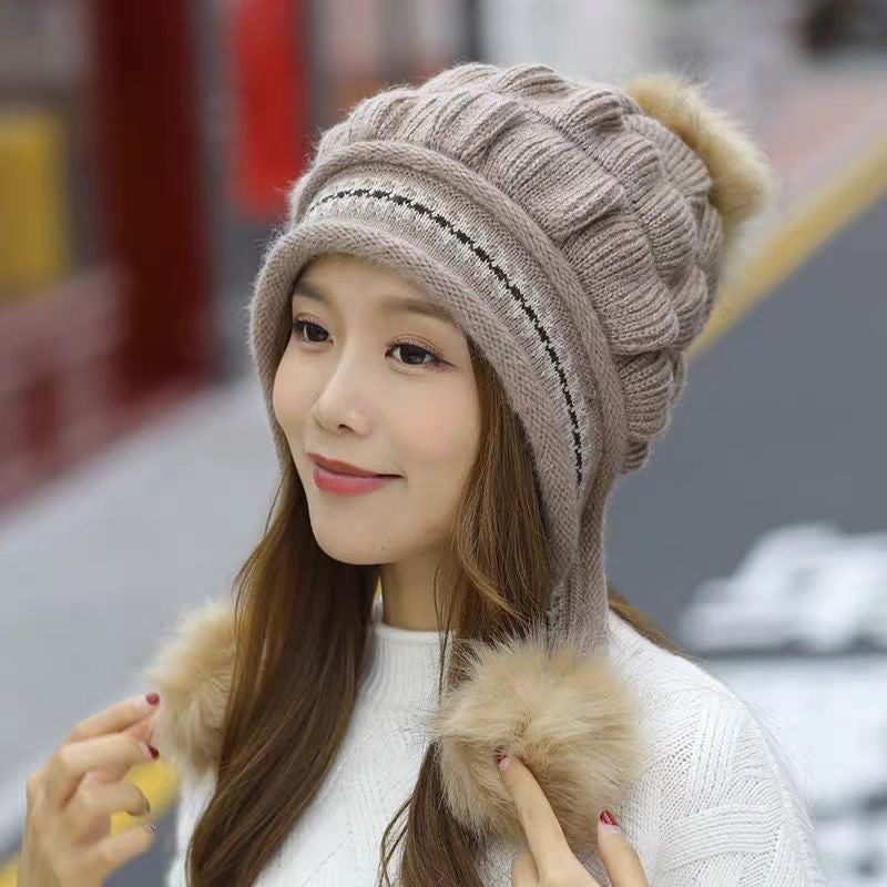 Knit Fleece-Feel Beanie With Ear Flaps & Pompom Warm Winter Hat For Women - LaTezza Online Shop