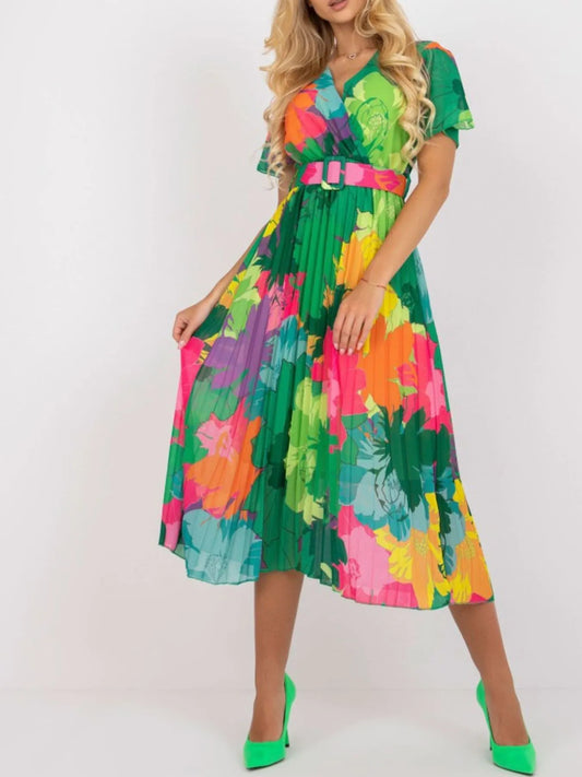 Printed Pleated Midi Wrap Dress with Belt - LaTezza Online Shop