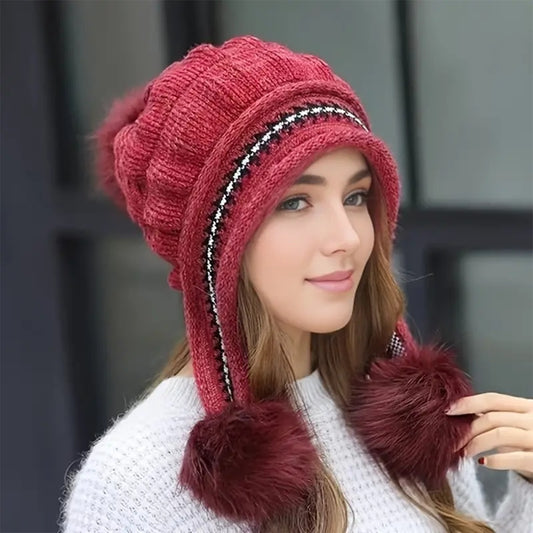 Knit Fleece-Feel Beanie With Ear Flaps & Pompom Warm Winter Hat For Women - LaTezza Online Shop