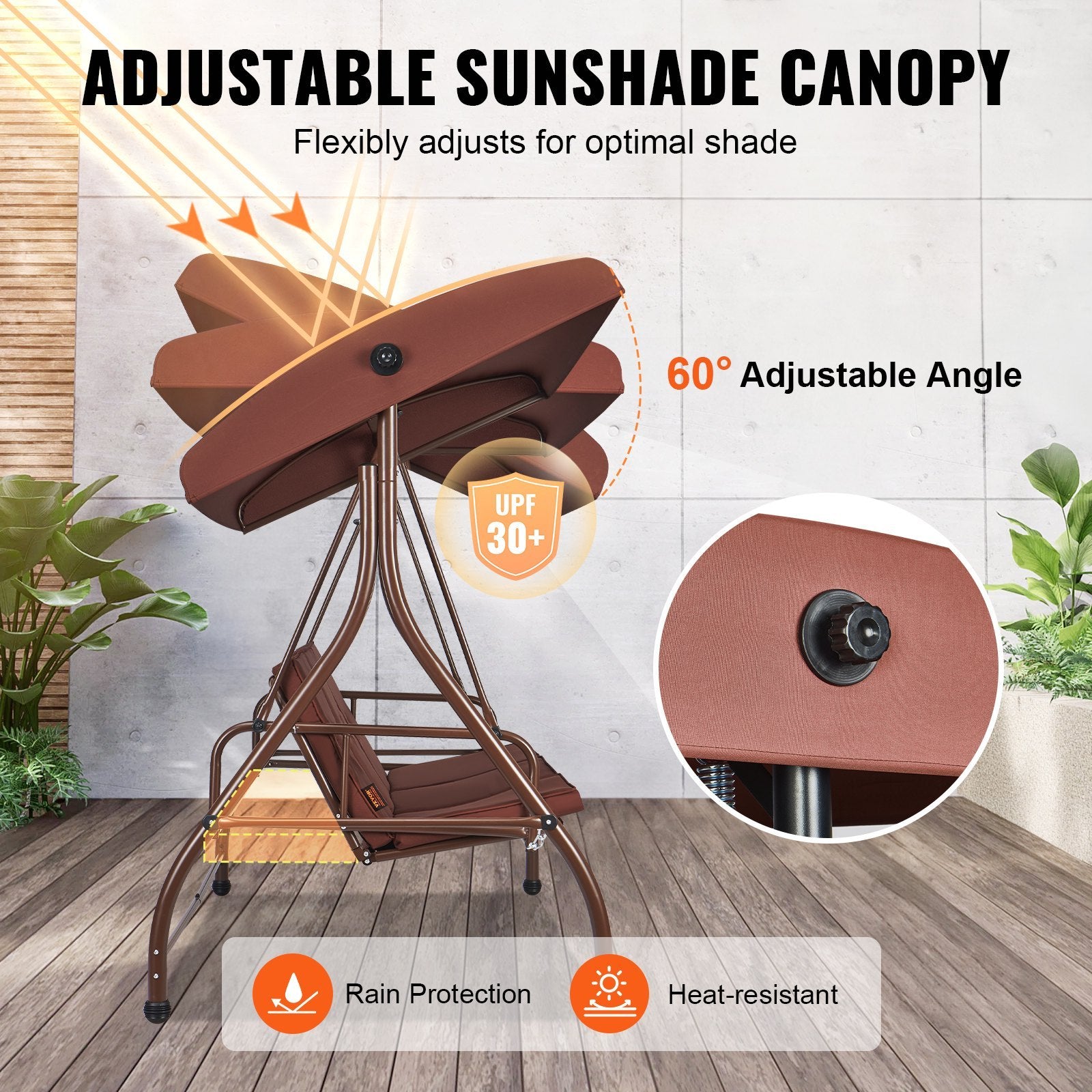 VEVOR 3-Seat Patio Swing Chair, Converting Canopy Swing, Outdoor Patio Porch With Adjustable Canopy, Removable Thick Cushion And Alloy Steel Frame, For Balcony, Backyard, Poolside, Brown - LaTezza Online Shop