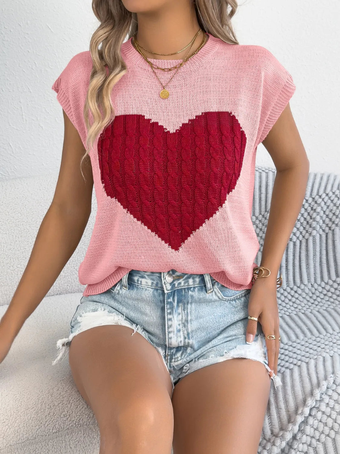 Cable Knit Heart Round Neck Cap Sleeve Knit Top - LaTezza Online Shop