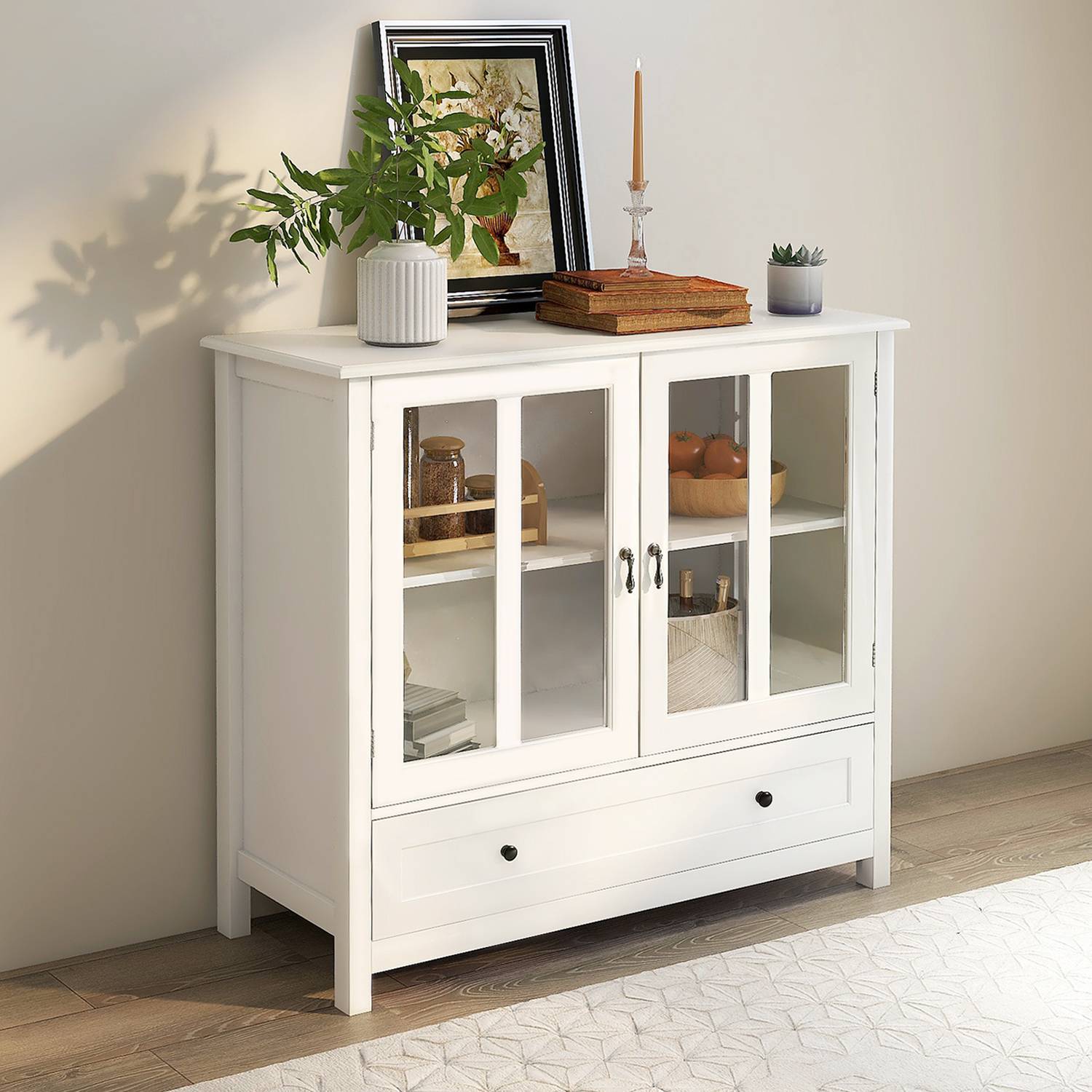 Buffet Storage Cabinet With Double Glass Doors And Unique Bell Handle 