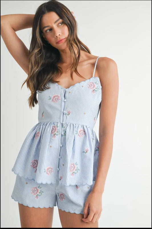 MABLE Stripe Embroidered Peplum Cami and Shorts Set - LaTezza Online Shop