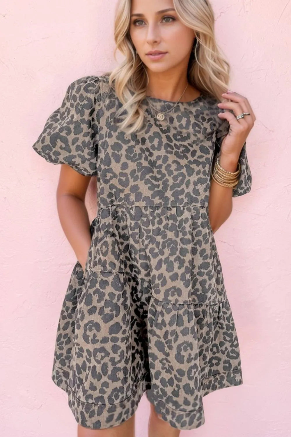 Leopard Round Neck Puff Sleeve Denim Dress - LaTezza Online Shop