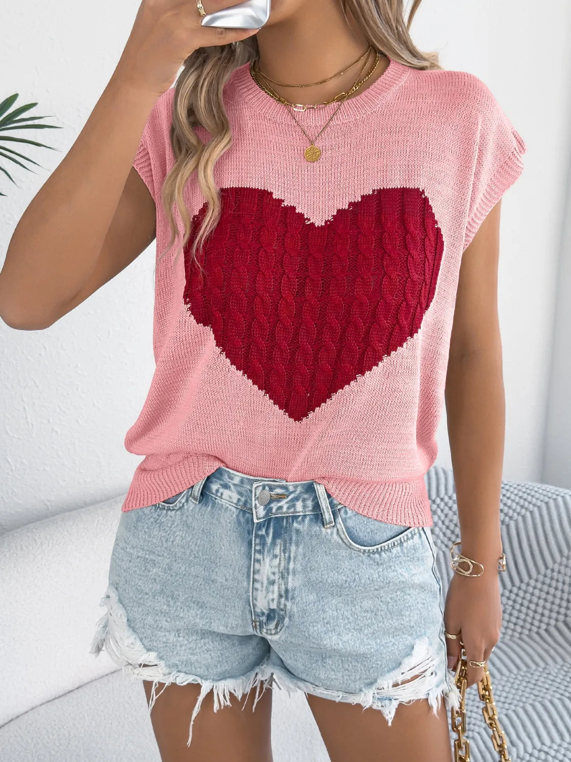Cable Knit Heart Round Neck Cap Sleeve Knit Top - LaTezza Online Shop